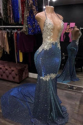 Sexy Blue Sequins Spaghetti Straps Appliques Open Back Prom Dress